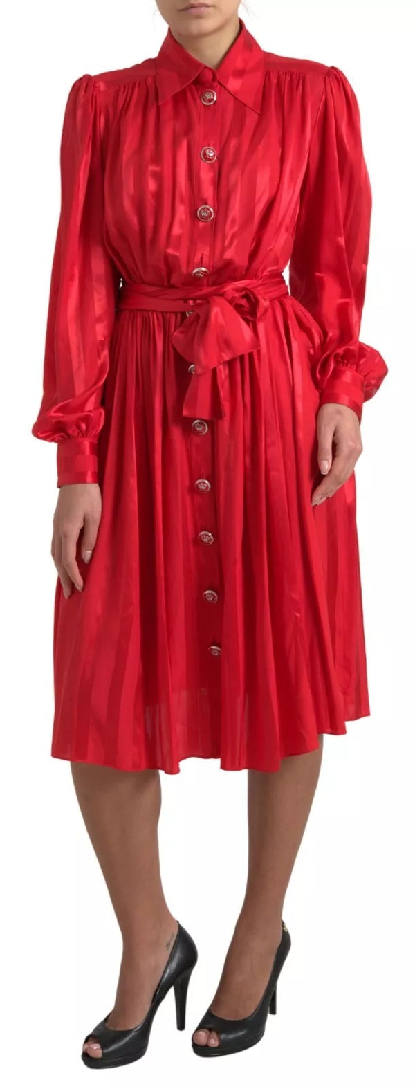 Red Button Down Belted Midi Satin Silk Dress