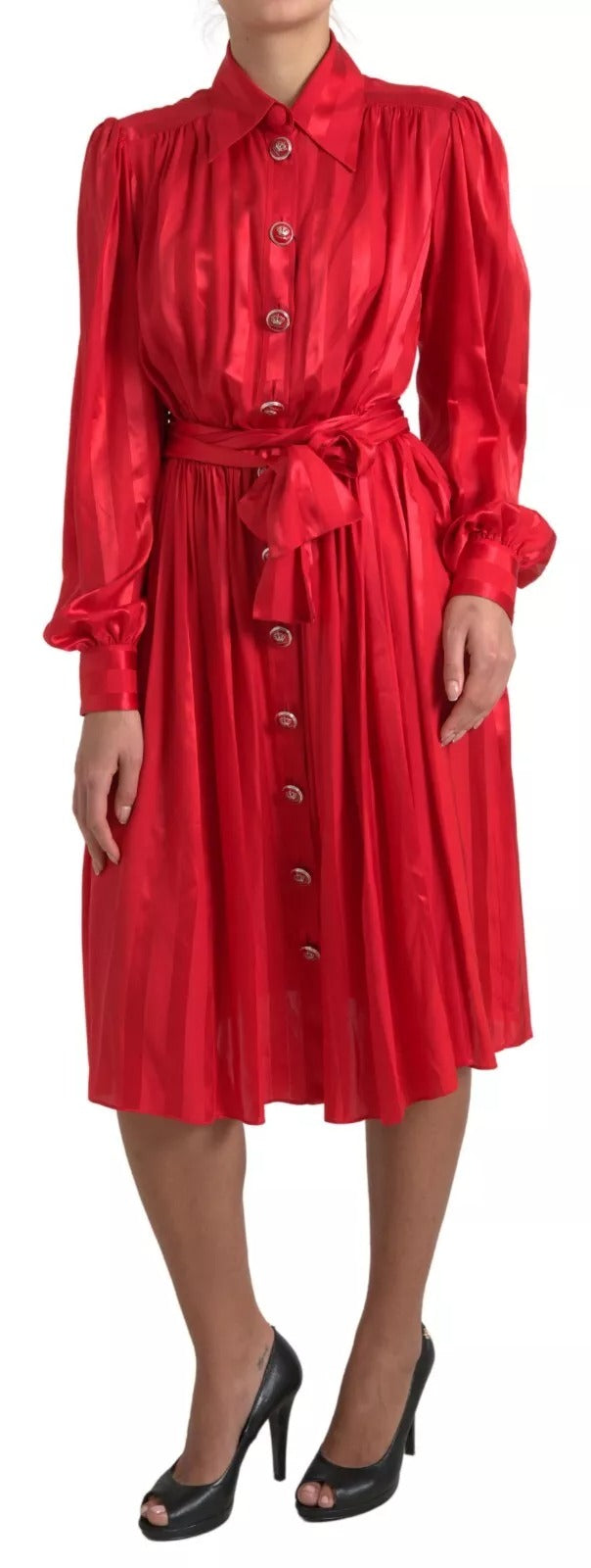 Red Button Down Belted Midi Satin Silk Dress