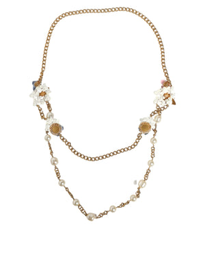 Gold Chain Brass Floral Layered Crystal Pearl Necklace