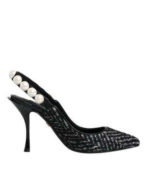 White Black Chevron Faux Pearl Slingback Shoes