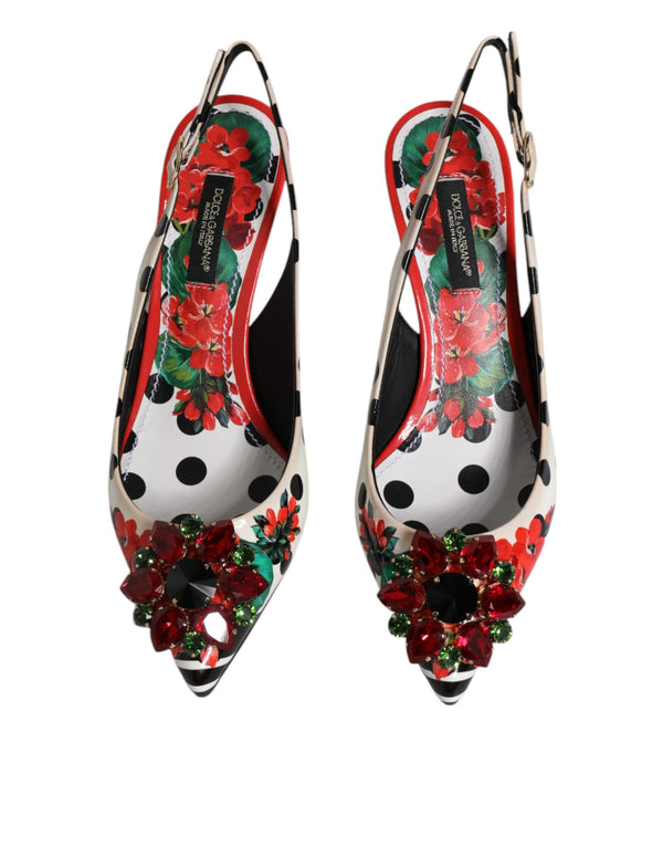 Multicolor Leather Crystal Heels Slingback Shoes