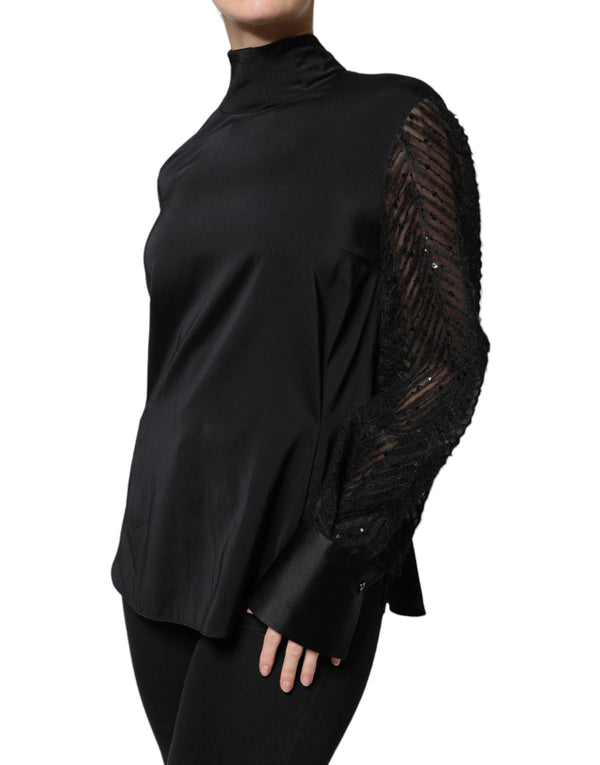 Black Silk Blend Long Sleeves Blouse Top