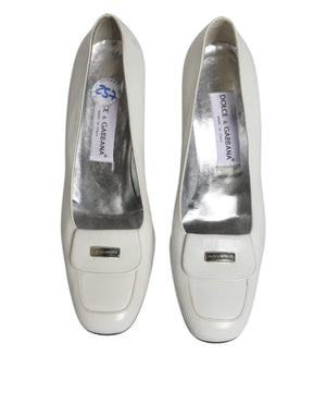 White Leather Block Heels Pumps Shoes