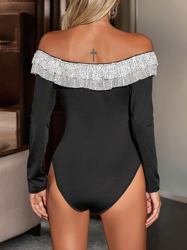 Dazzle Diva Ruffled Off the Shoulder Long Sleeve Bodysuit