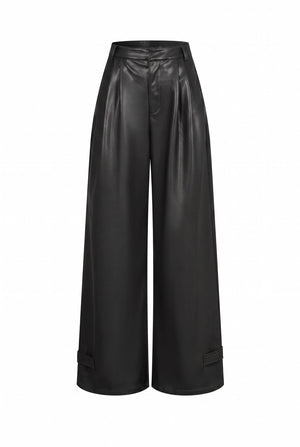 Faux Leather Pleated Wide-Leg Trousers