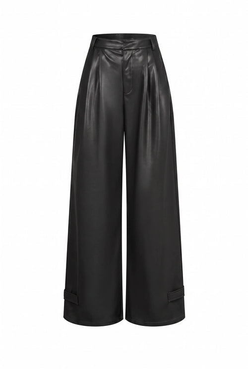 Faux Leather Pleated Wide-Leg Trousers