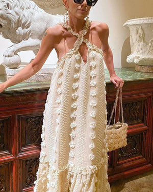 Halterneck Three-Dimensional Flower Cake Dress