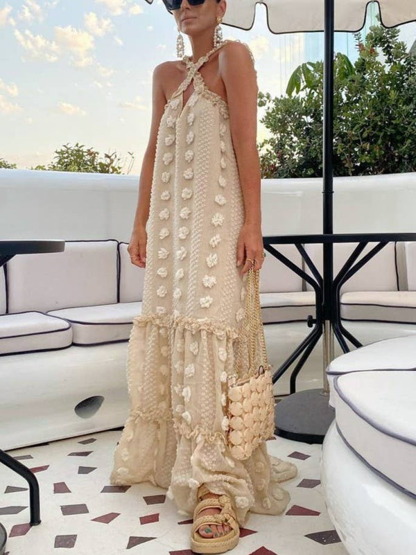 Halterneck Three-Dimensional Flower Cake Dress