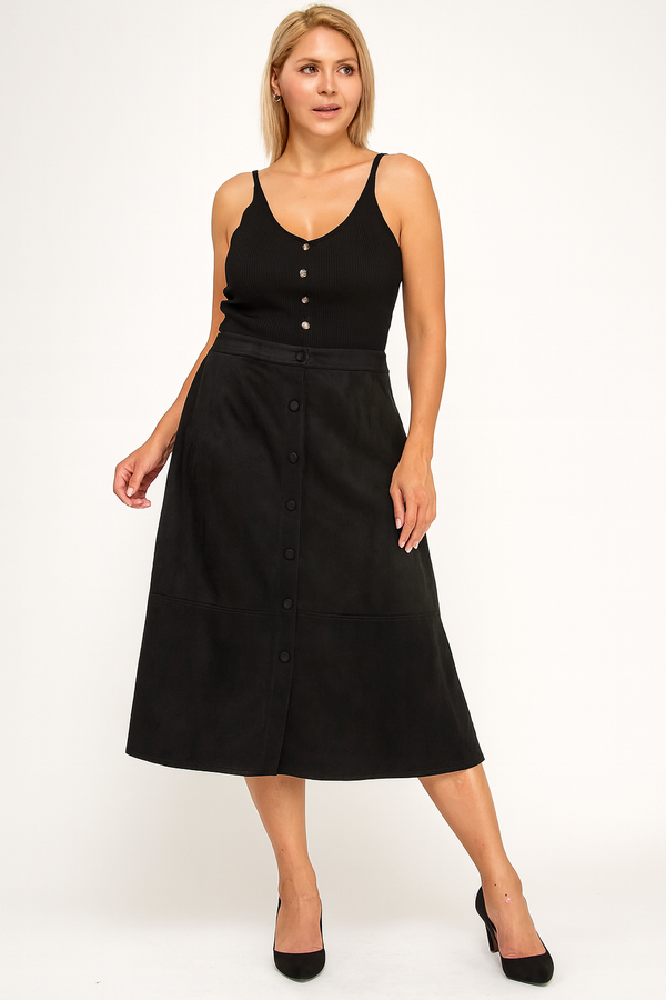 Faux Suede Button-Front Midi Skirt