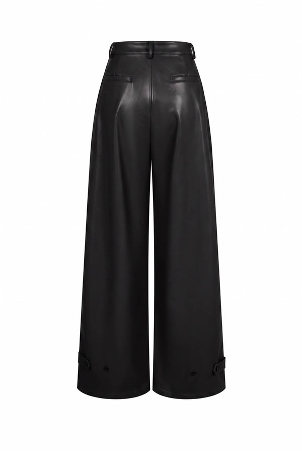 Faux Leather Pleated Wide-Leg Trousers