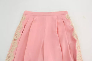 Pink Lace Trimmed Silk Satin Wide Legs Pants