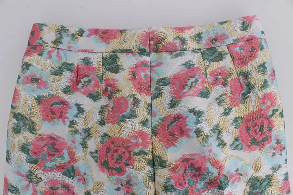 White Pink Floral Brocade Pants