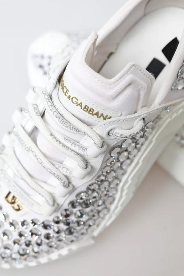 White NS1 Canvas Leather Embellished Sneakers Shoes