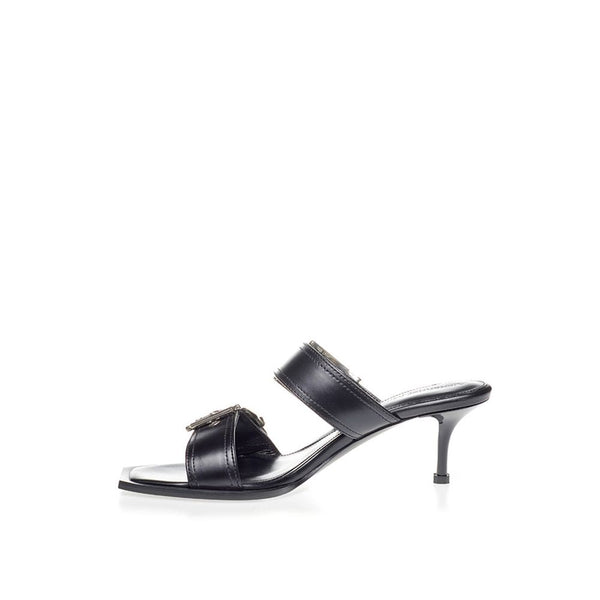 Black Leather Stiletto Heel Sandals