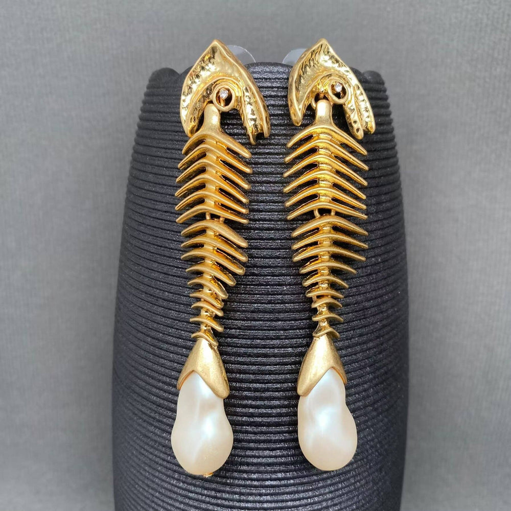 18K Gold-Plated Pearl Fishbone Drop Earrings