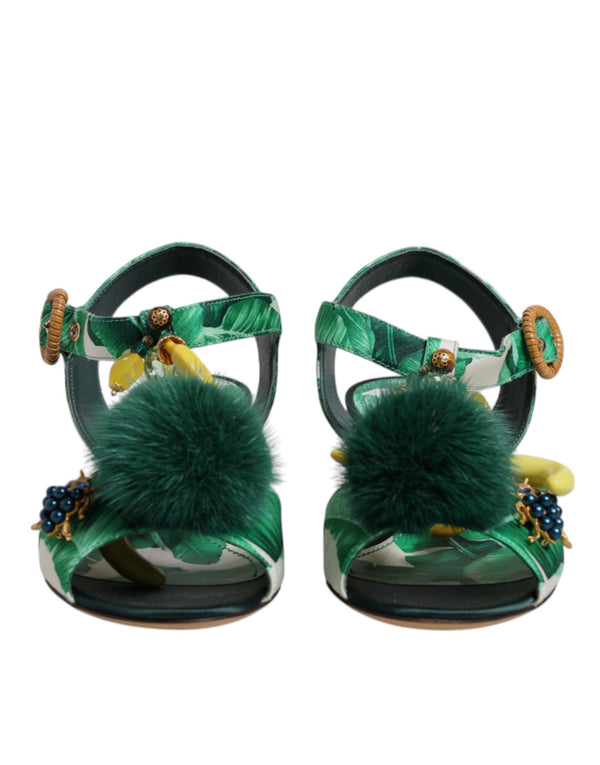Green Crystal Fur Embellished Sandals Shoes