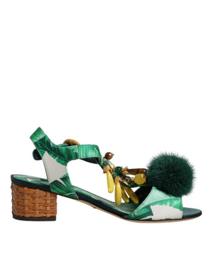 Green Crystal Fur Embellished Sandals Shoes