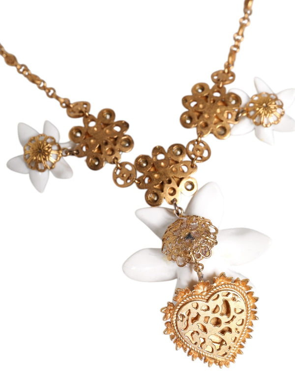 Gold Brass Lily Crystal Sacred Heart Pendant Necklace