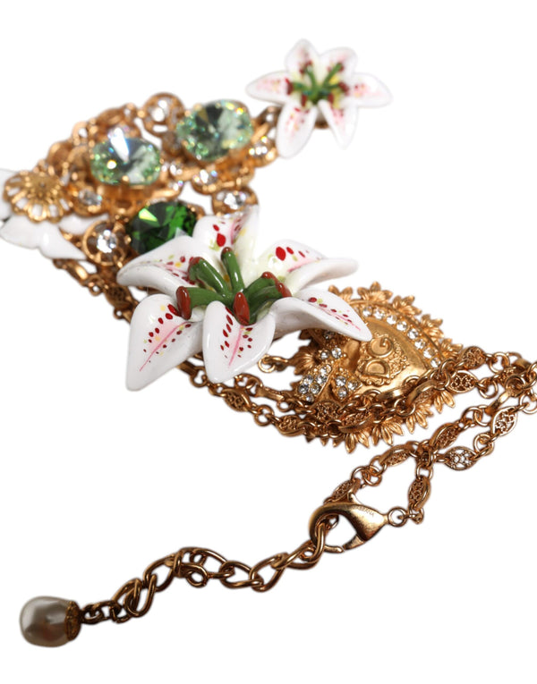 Gold Brass Lily Crystal Sacred Heart Pendant Necklace