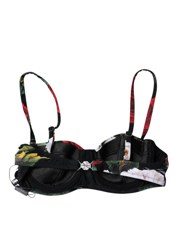 Black Floral Print Nylon Balconcino Bra Underwear