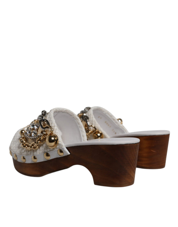 White Raffia Clogs Bejeweled Chain Sandals Shoes