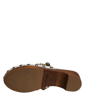 White Raffia Clogs Bejeweled Chain Sandals Shoes