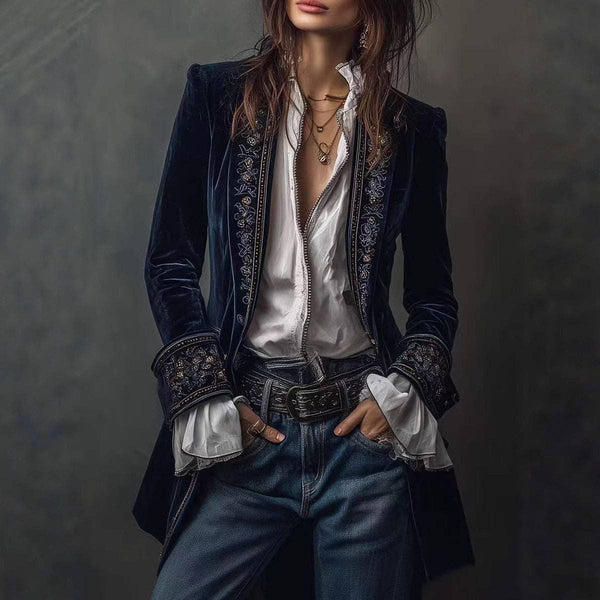 Women's Long Sleeve Solid Color Lace Velvet Jacket
