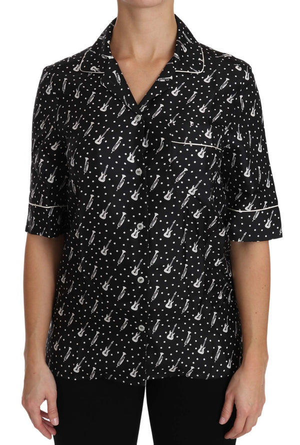 Black GuitarTrumpet Print Silk Shirt Top