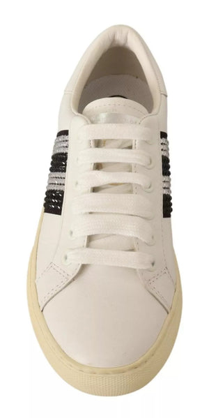White Leather Crystal Embellished Sneakers Shoes