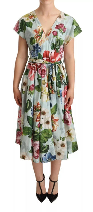 Green Floral Short Sleeves Cotton V-neck Dress