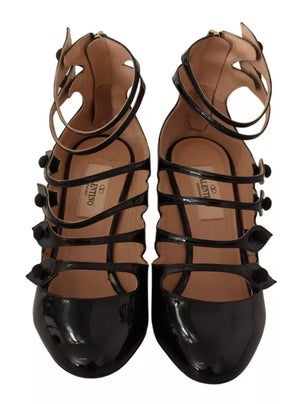 Black Multi Strap Leather Mid Heels Pumps Shoes