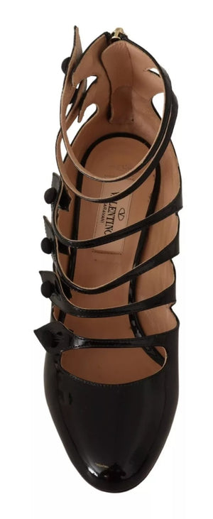 Black Multi Strap Leather Mid Heels Pumps Shoes