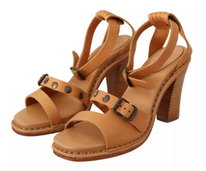 Brown Leather Studded Ankle Strap Sandals Shoes
