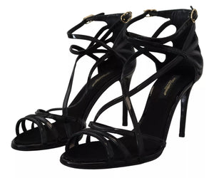 Black Leather Stiletto Heels Sandals Shoes