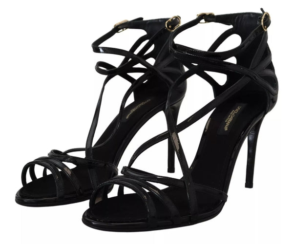 Black Leather Stiletto Heels Sandals Shoes