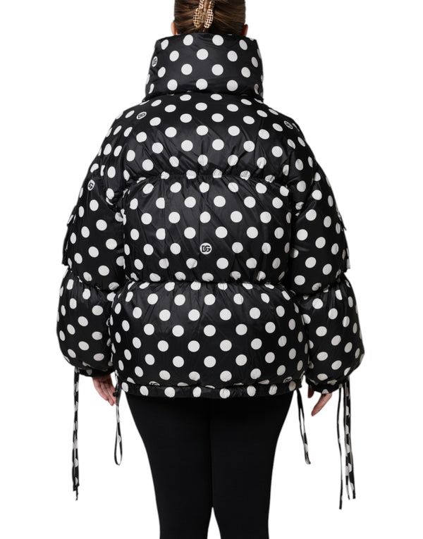 Black White Polka Dot Full Zip Puffer Jacket