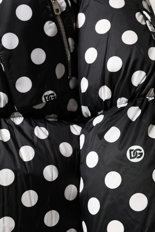 Black White Polka Dot Full Zip Puffer Jacket