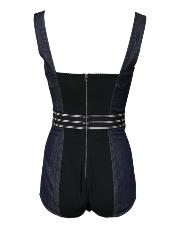 Blue Cotton Stretch Sleeveless Bodycon Denim Bodysuit