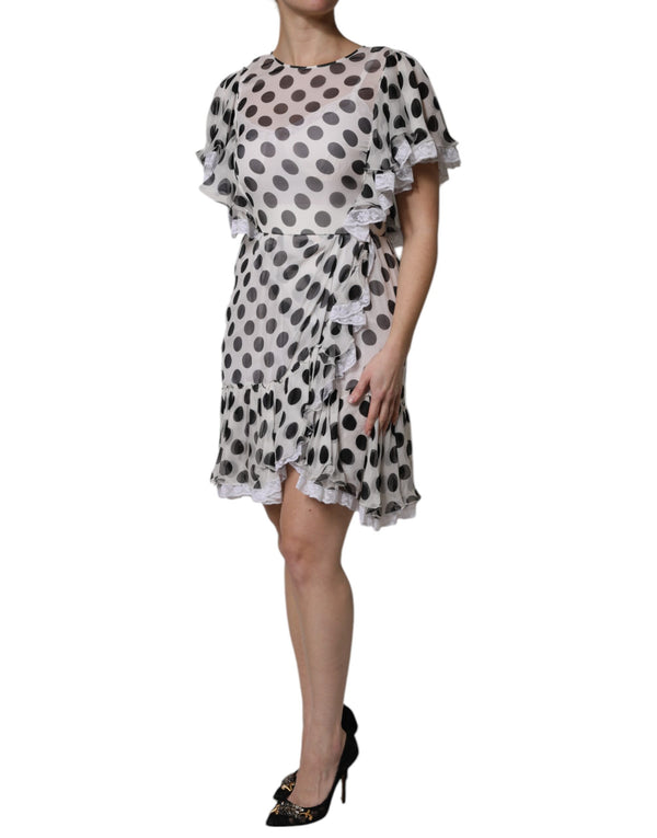 White Polka Dotted Silk Blend A-line Dress