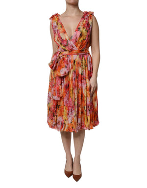Multicolor Floral Silk V-neck Chiffon Dress