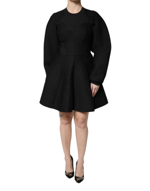 Black Cotton Long Sleeves A-line Mini Dress