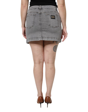 Gray Cotton Stretch Mid Waist Denim Mini Skirt
