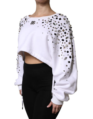 White Embellished Long Sleeve Cropped Sweater