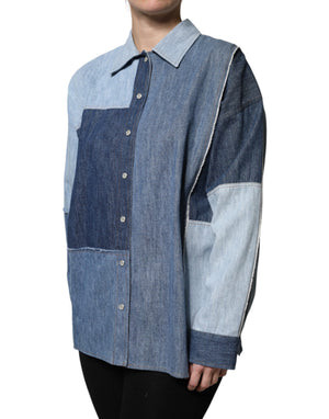 Blue Cotton Button Up Collared Long Sleeve Top