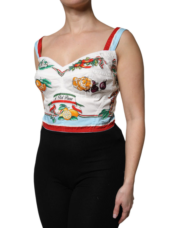 White Vegetable Print Sweetheart Cropped Top