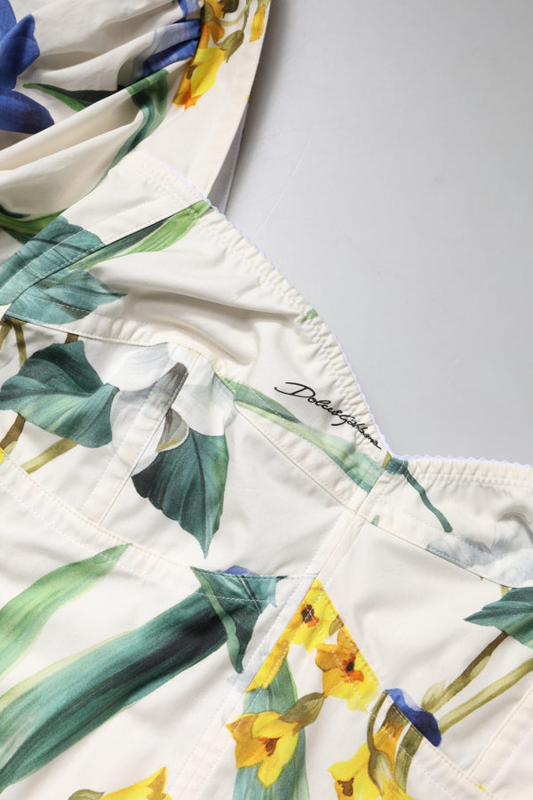 White Floral Puff Sleeves Crop Blouse Top