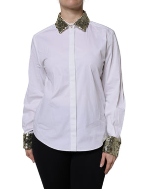 White Cotton Long Sleeves Sequin Shirt Top