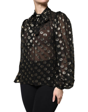 Black Sheer Tied Neck Polka Dots Blouse Top