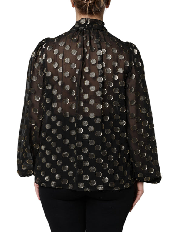 Black Sheer Tied Neck Polka Dots Blouse Top