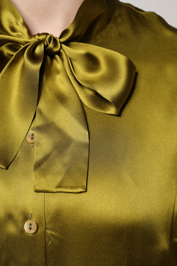 Olive Green Ascot Collar Long Sleeve Blouse Top